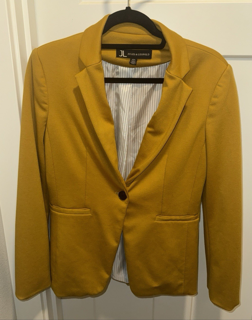 Jules & Leopold Classy Mustard Yellow Blazer Striped Print Interior Size M